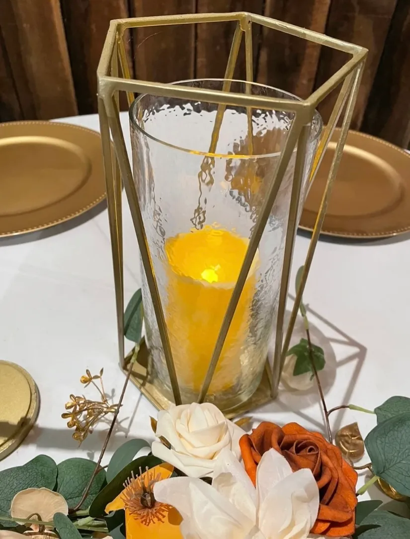 Gold Lanterns with Hurricane Vases 