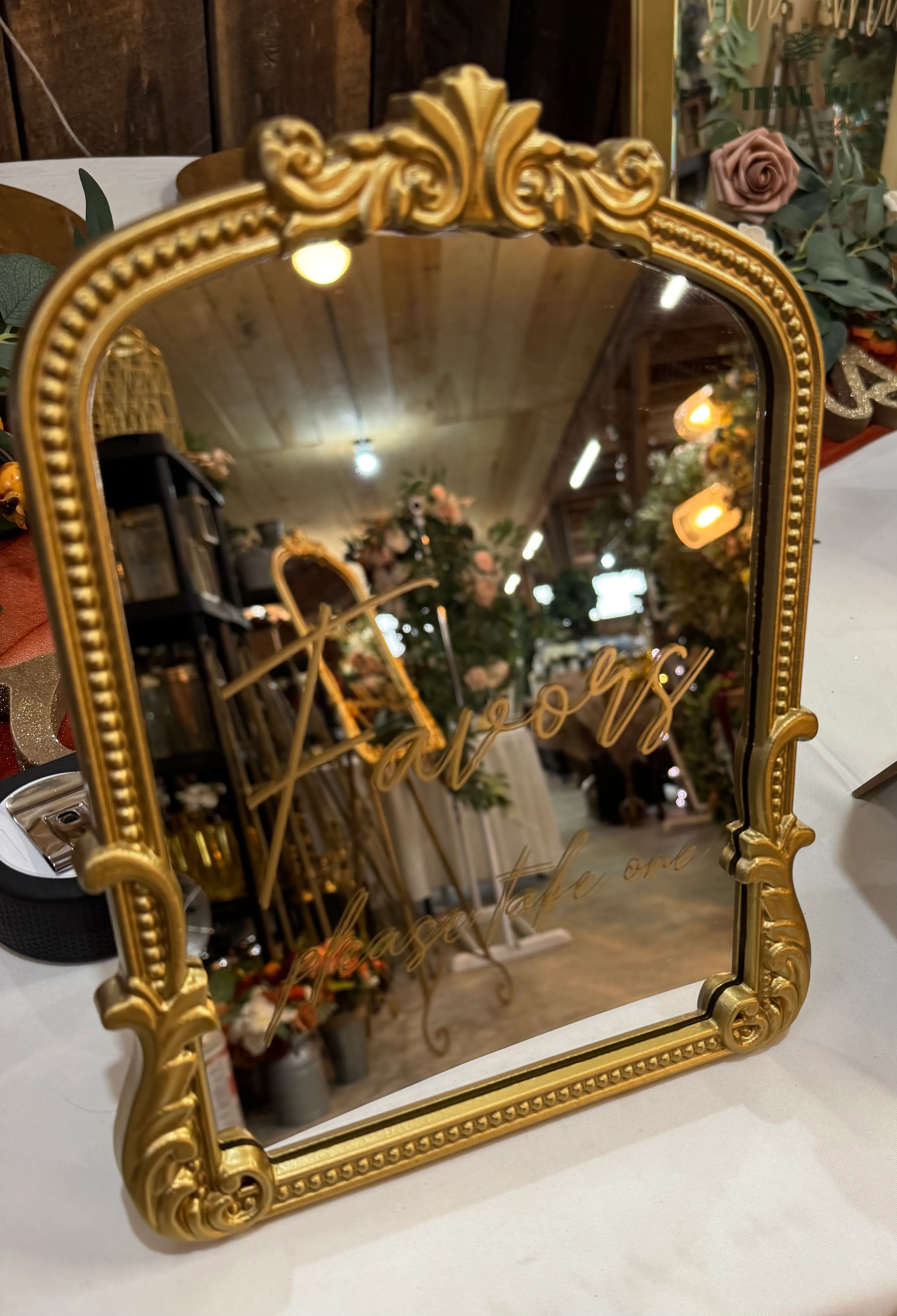 "Favors please take one" Small Gold Mirror  (Lettering cannot be removed)
