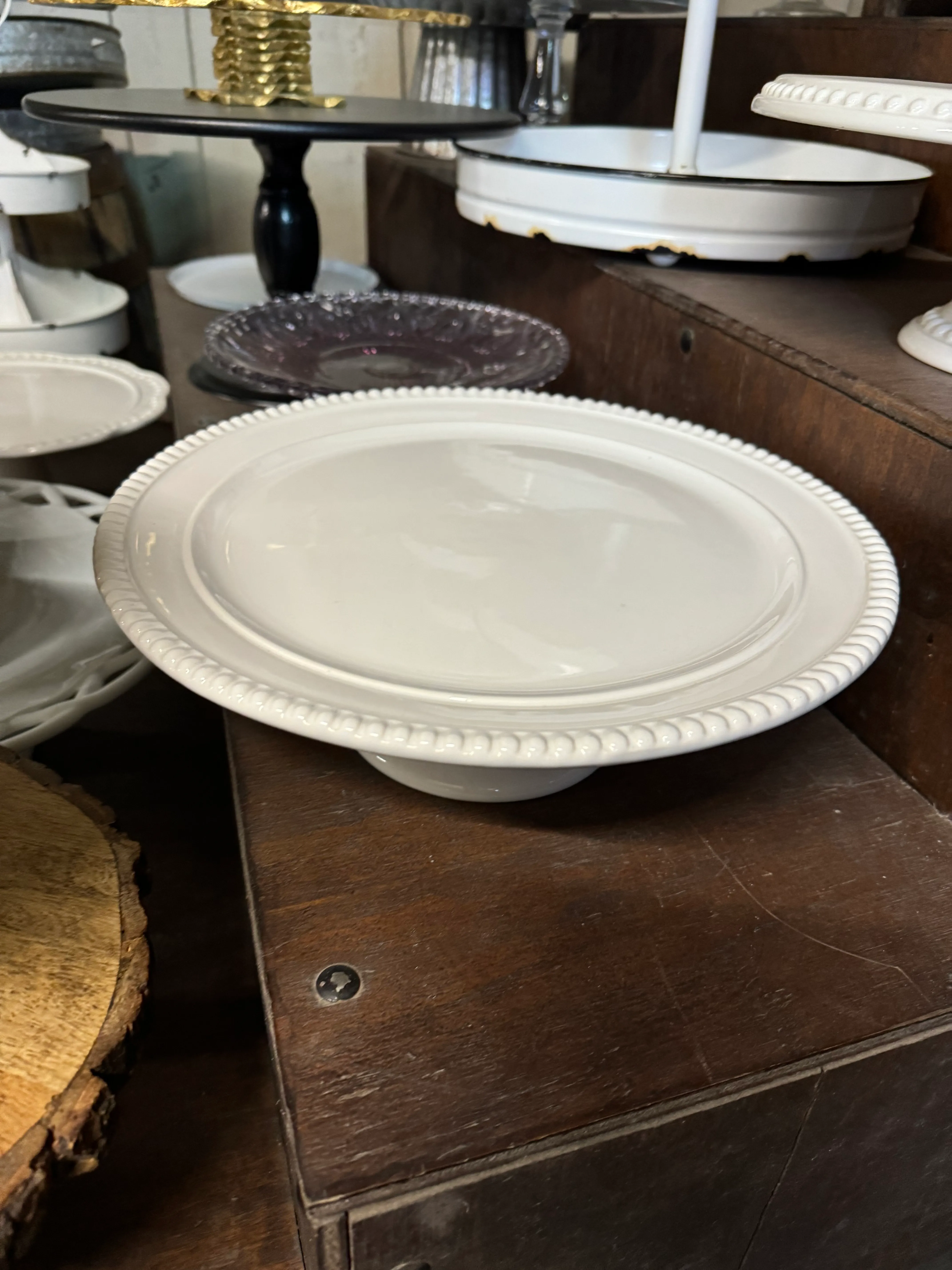 11-inch White Ceramic Cake Stand with Beaded Edges