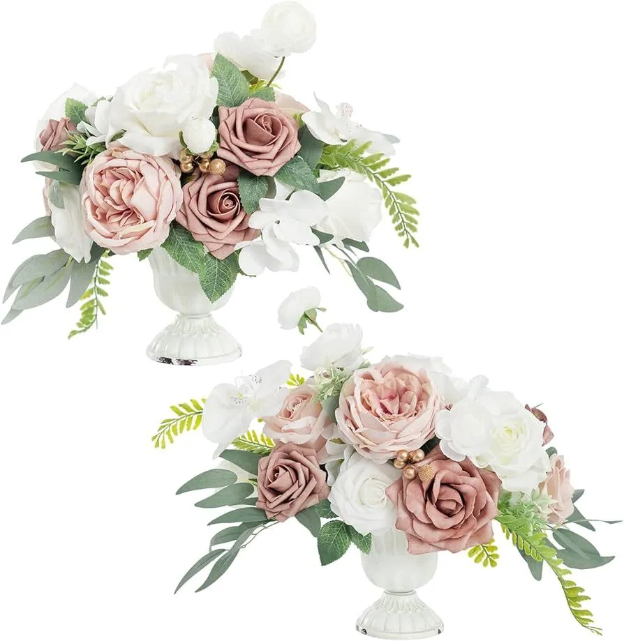 Ling’s Moments Large Floral Centerpieces in Dusty Rose & Cream in Cream Vases