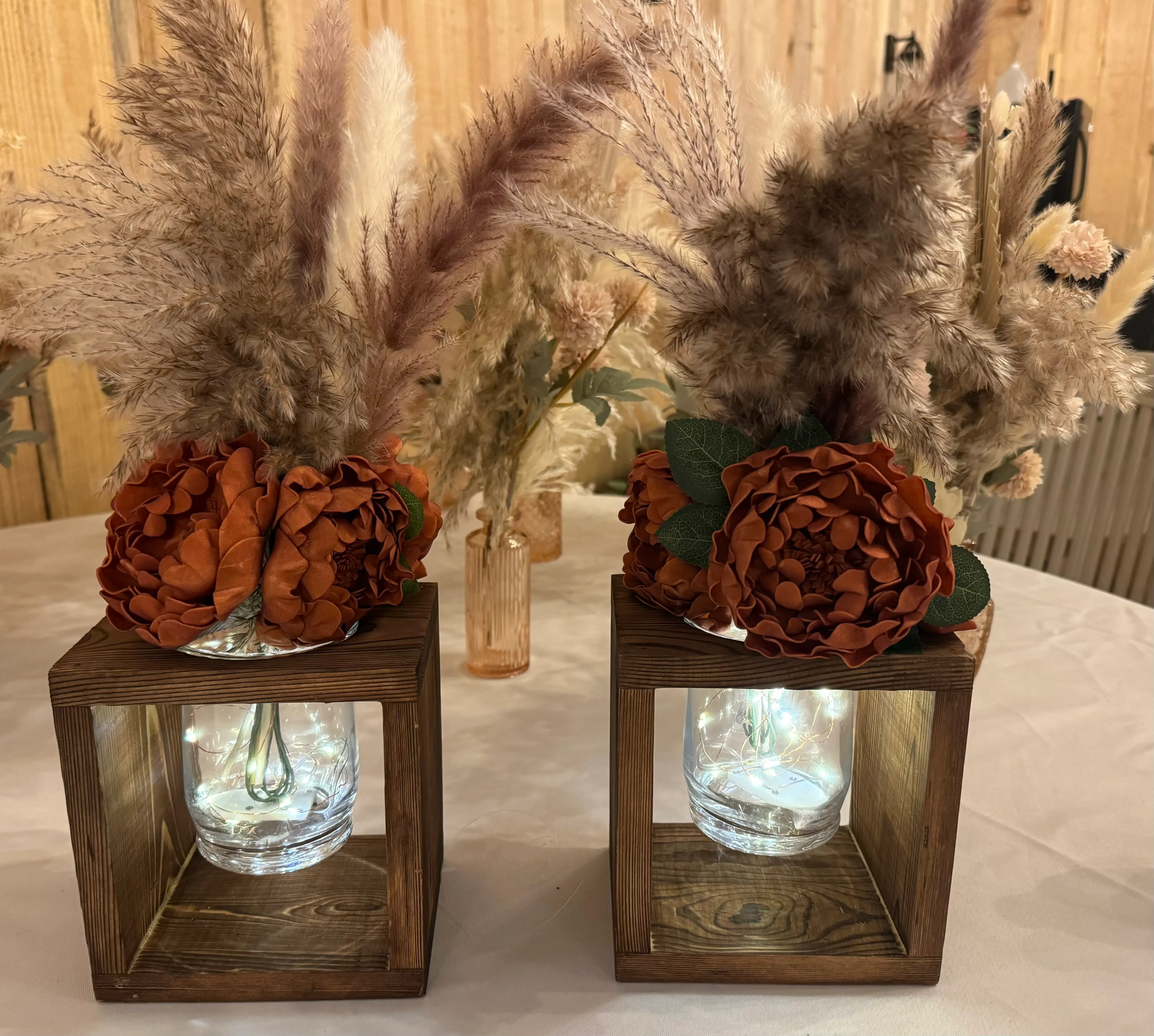Burnt Orange Peonies & Pampas Arrangements in Wood Boxes