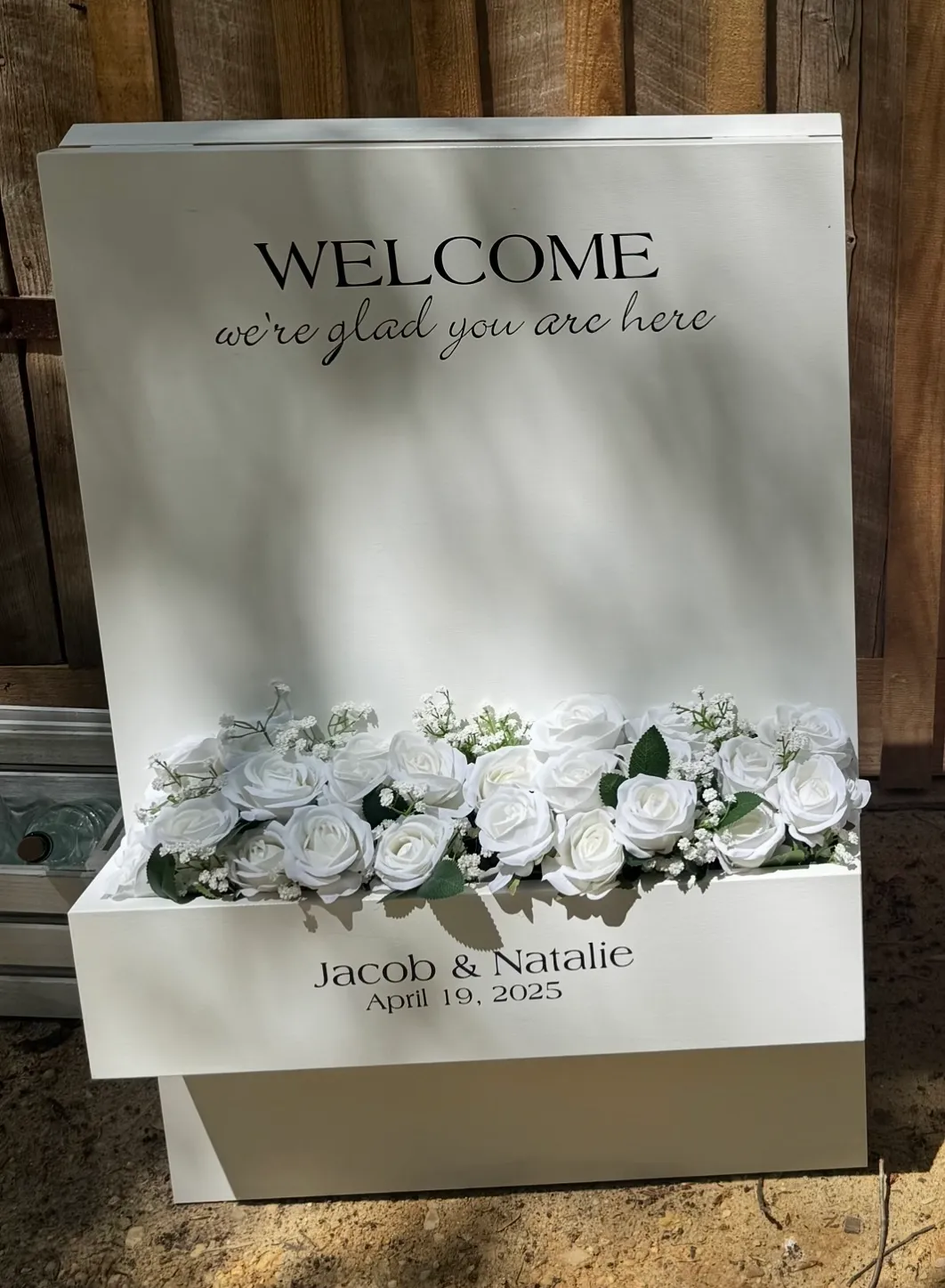 “Welcome, we’re glad you are here” wood easel with flower box