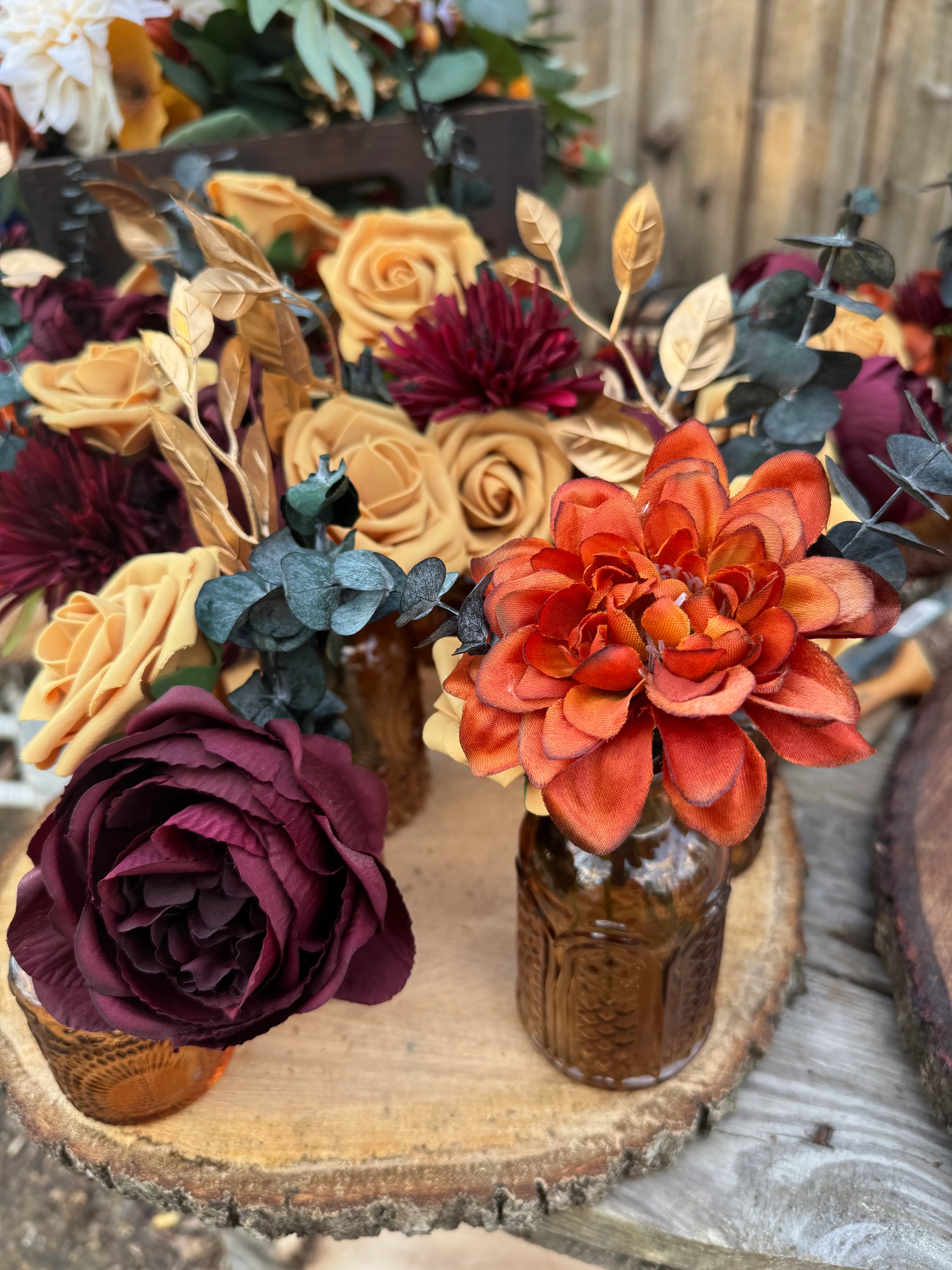 Golden Yellow, Burgundy & Burnt Orange Loose Flowers with Eucalyptus in Auburn Bud Vases