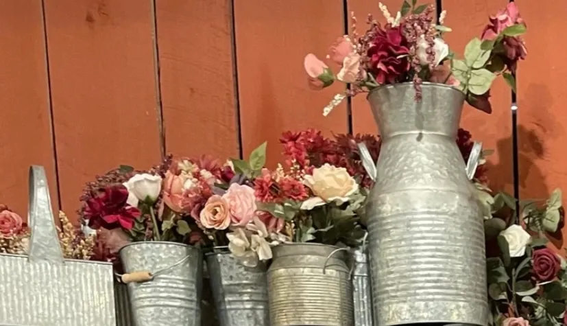 Small Metal Buckets with Dusty Rose Flowers