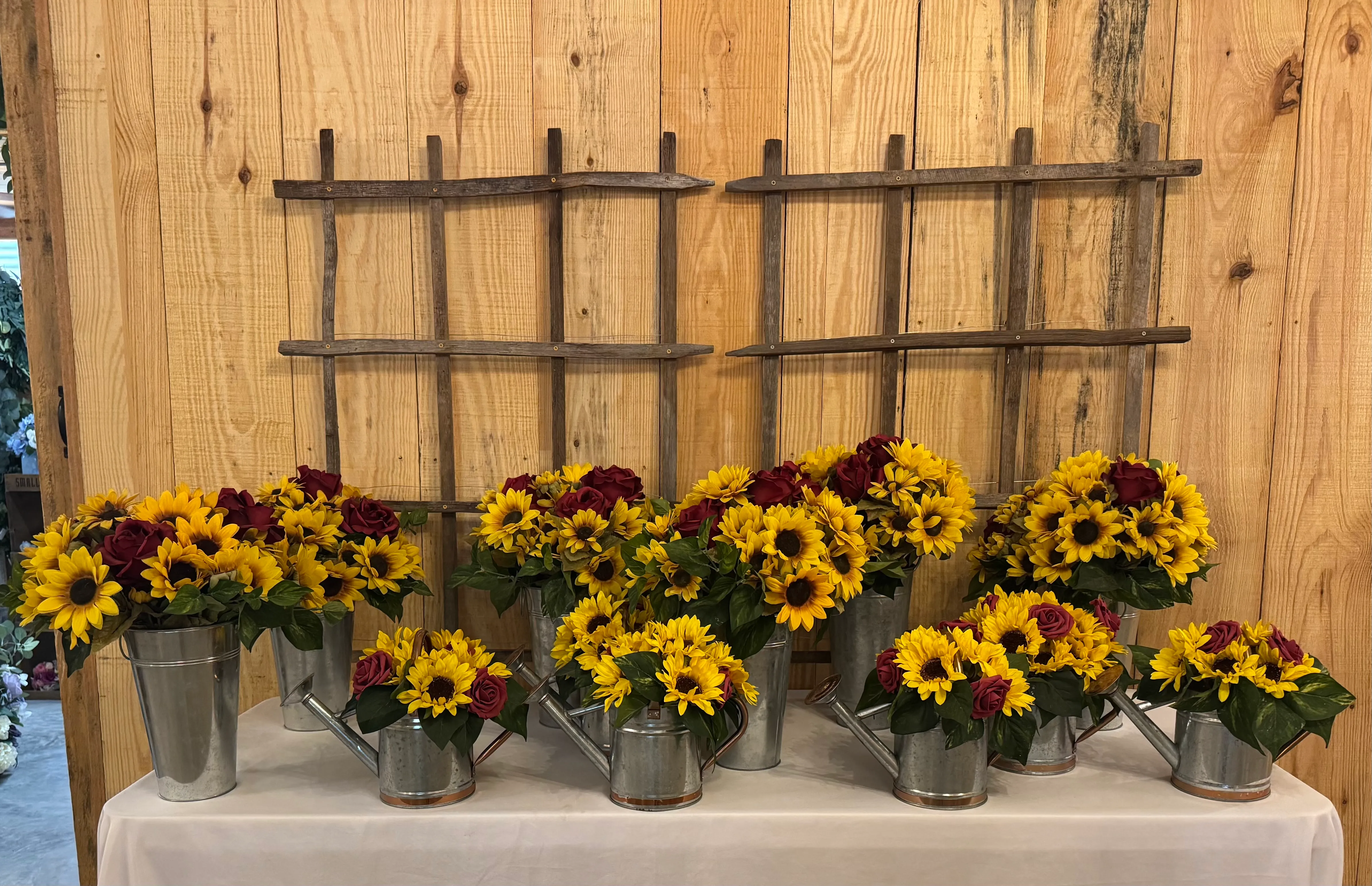 Sunflower & Rose Arrangements in Small Metal Galvanized Cans (10" Tall)