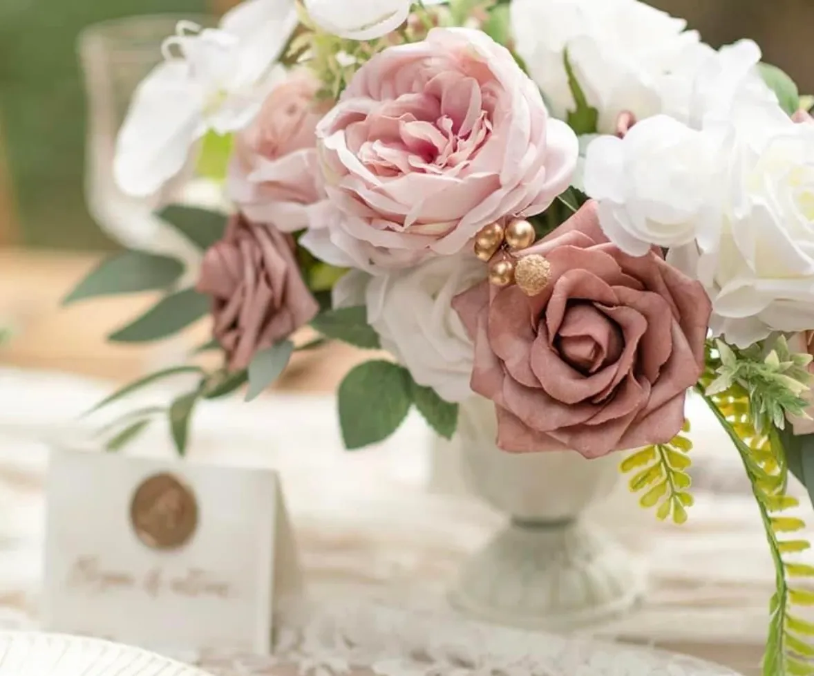 Ling’s Moments Large Floral Centerpieces in Dusty Rose & Cream in Cream Vases