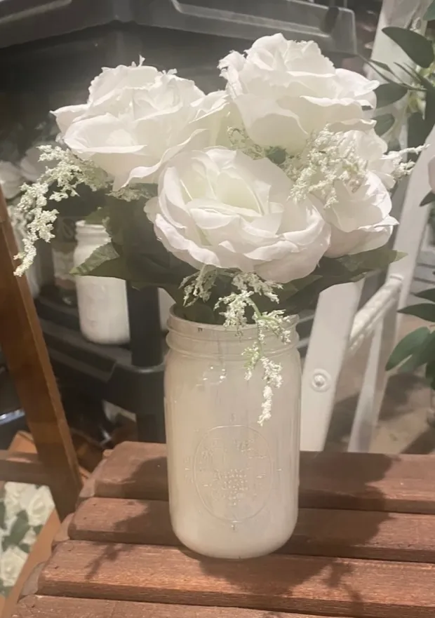 White Flowers in White Painted Mason Jars