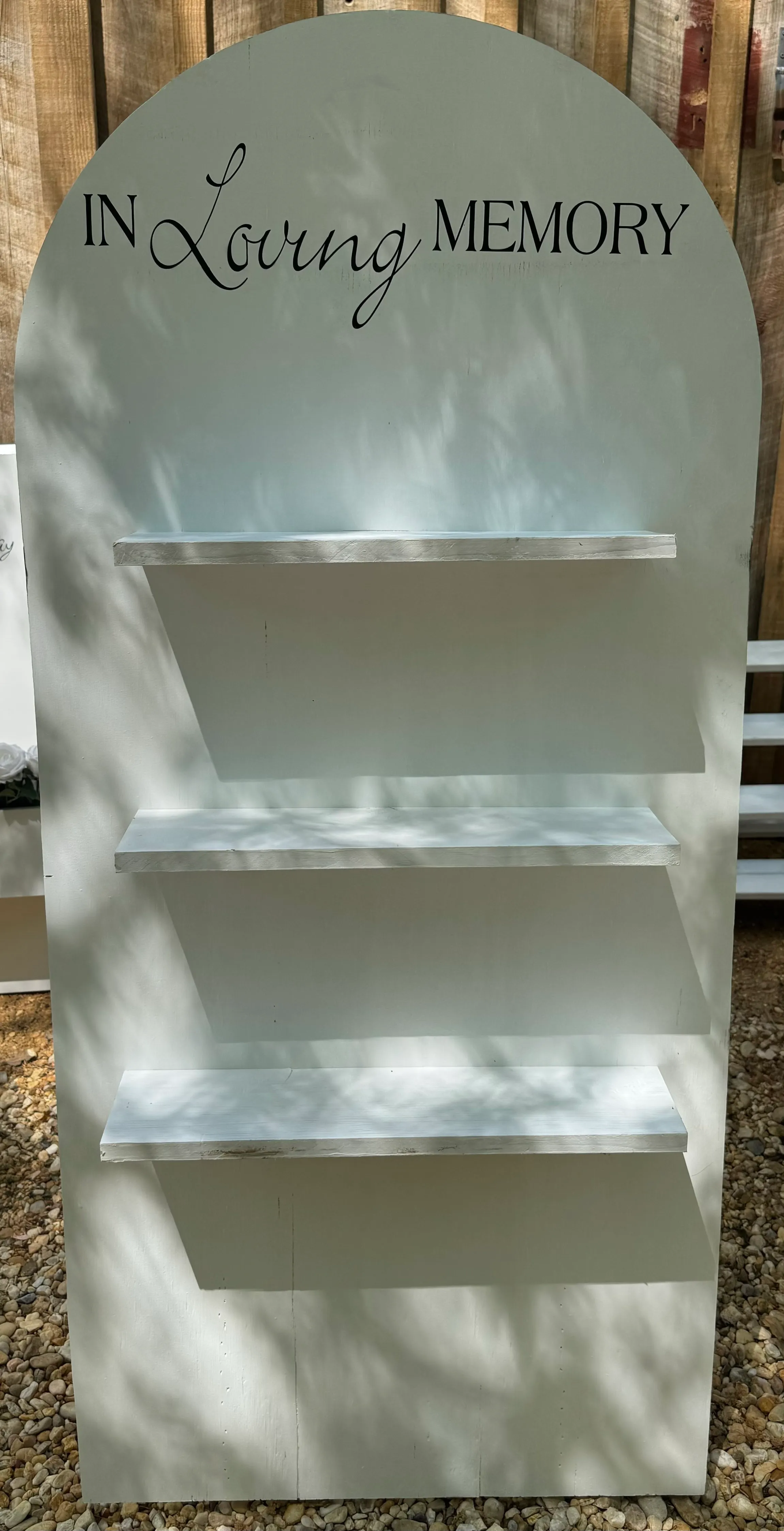 “In Loving Memory” wood board with shelves