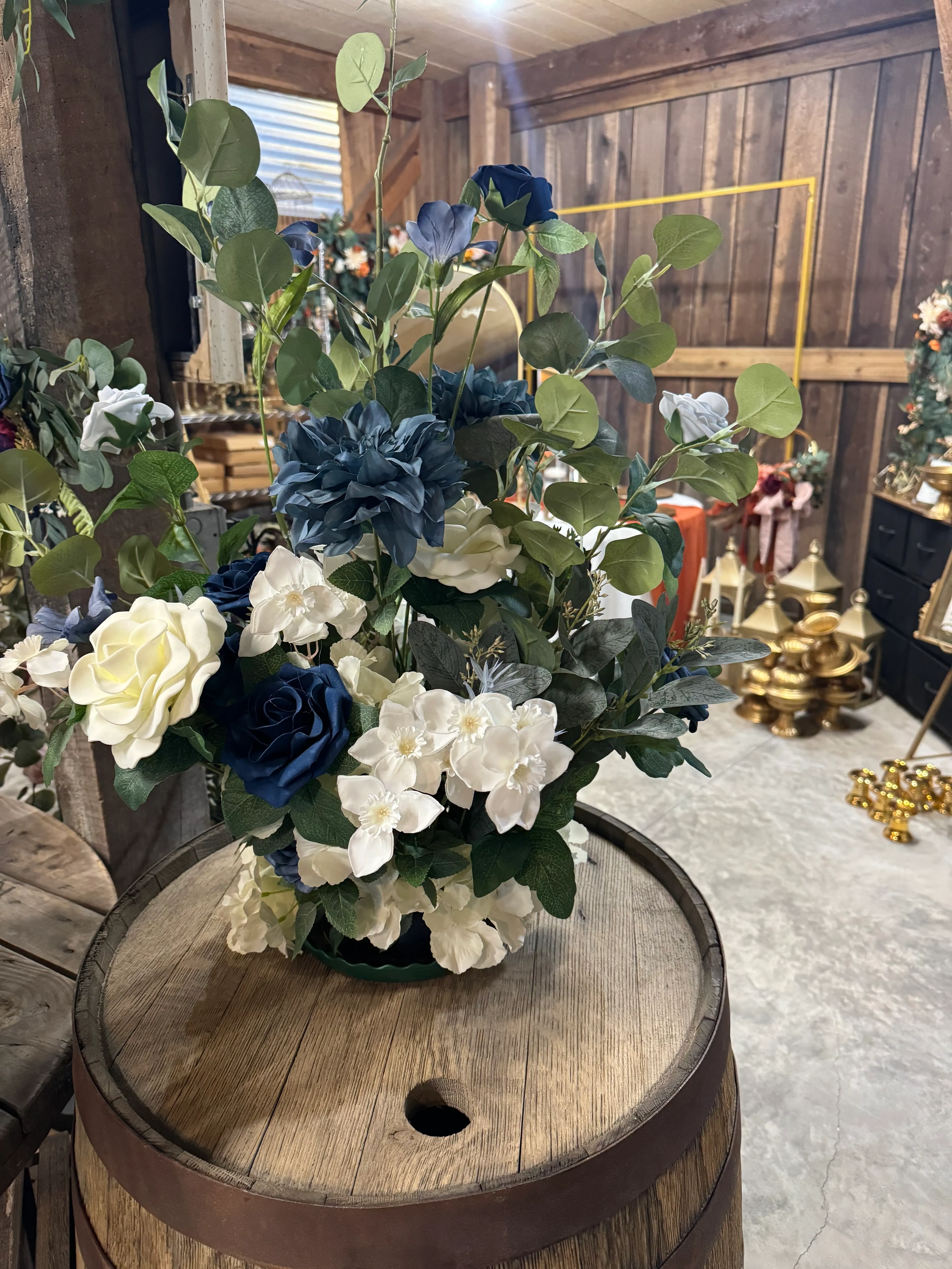 Alter Decor Freestanding or Barrel Arrangement Flowers in Dusty Blue & Navy