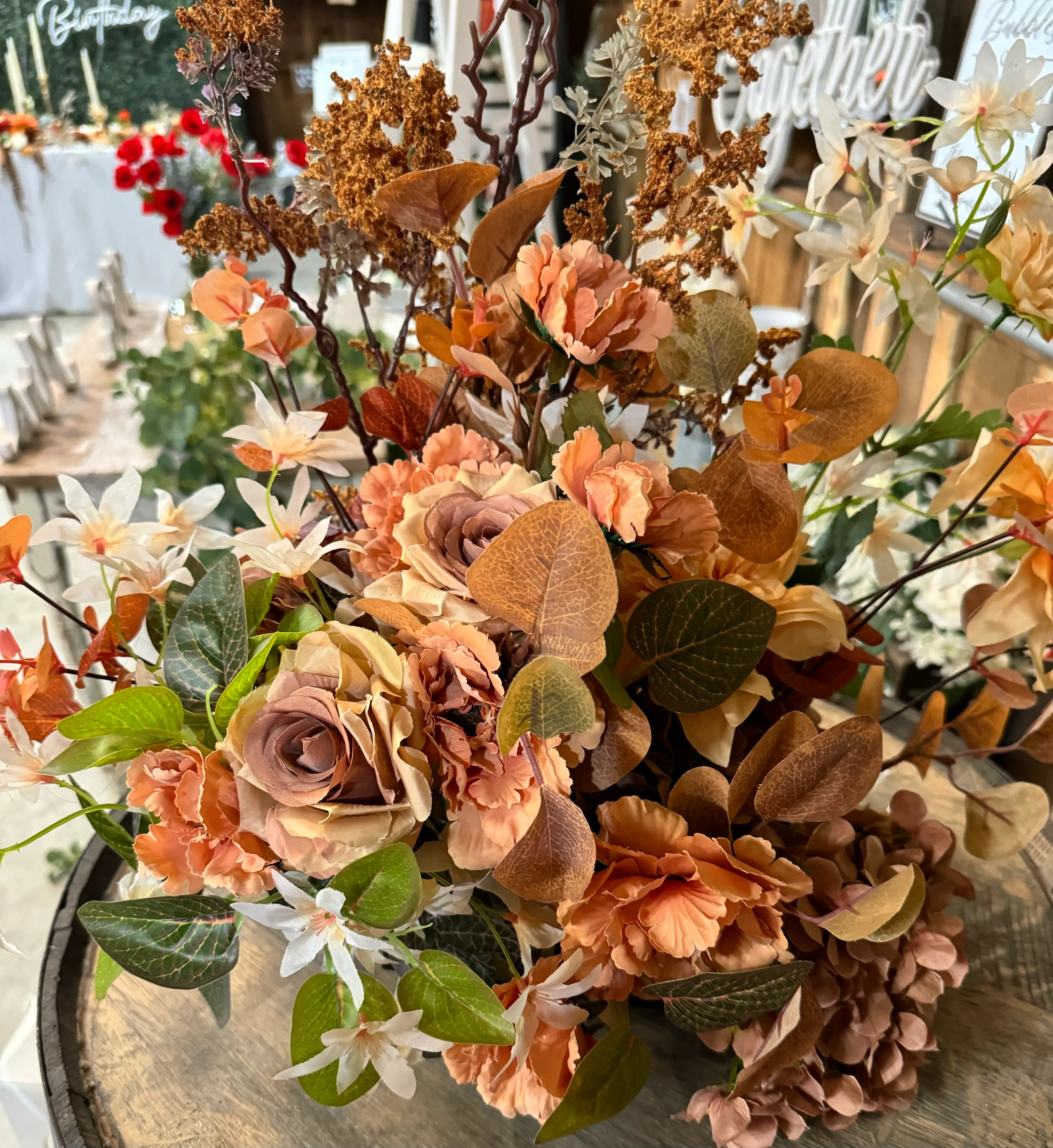 Fall Barrel Flower Arrangement (Oranges & Browns)