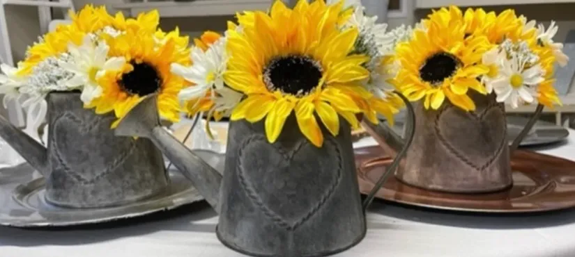 Sunflower Bouquets in Watering Can Centerpieces 