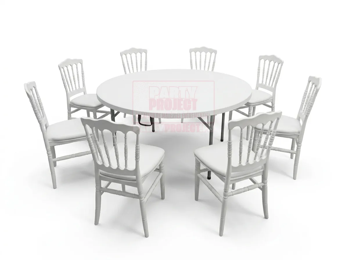8 Chaises Napoléon Blanches + 1 Table 152cm