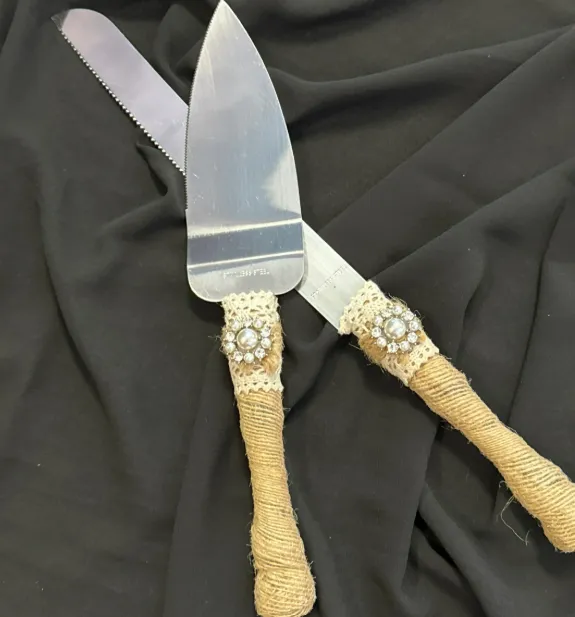 Cake Server Set Burlap Rope with Pearls