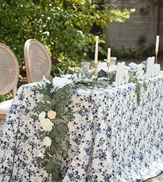 Table Linen Cotton Blue Floral Chinoiserie Toile 105” x 150”