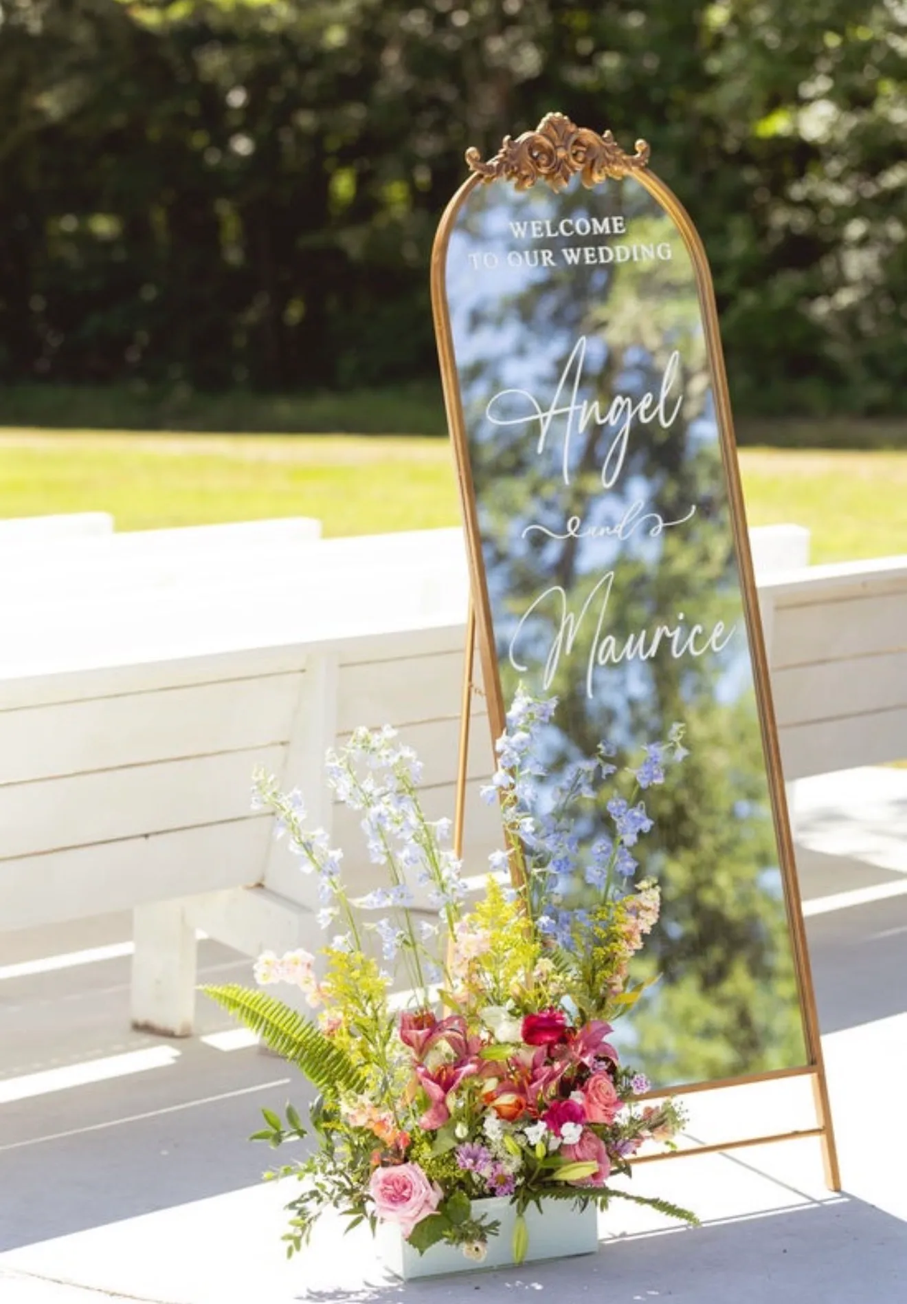 Wedding Welcome Floor Mirror Floral Arch Top