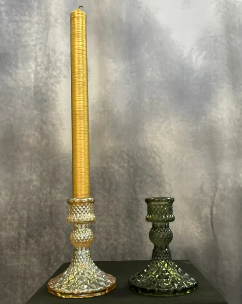 Candlestick Tapered Gold Olive Green Cut Glass