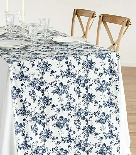 Table Runner Blue Chinoiserie Toile Cotton 28”x10’