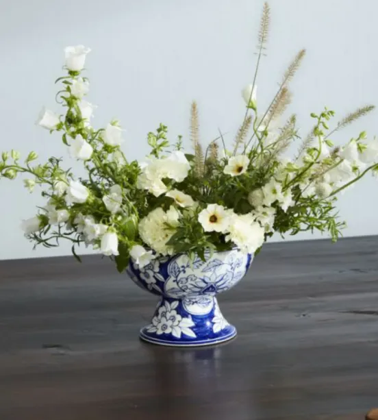 Vase Blue Floral Compote Chinoiserie