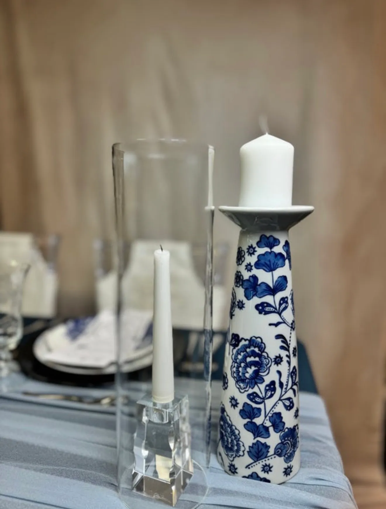 Candlestick Pillar Blue Floral Chinoiserie