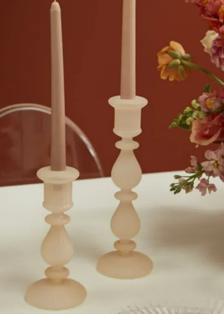 Candlestick Tapered Frosted Glass Pink Blush