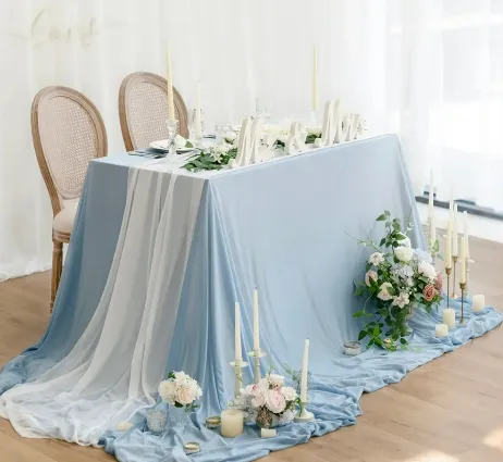 Table Linen Chiffon Draping Dusty Blue/ White Runner Set/2