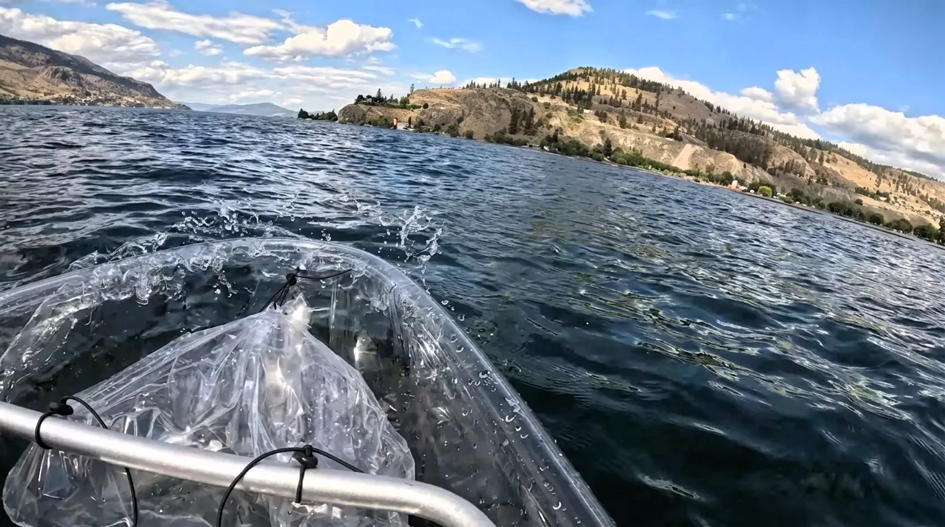 Okanagan Clear Watercraft tandem kayak sitting on a sandy beach in Kelowna