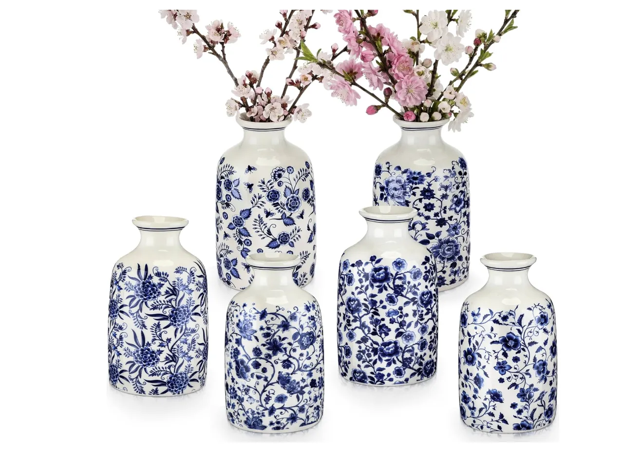 Set of 6 Blue and White Vases