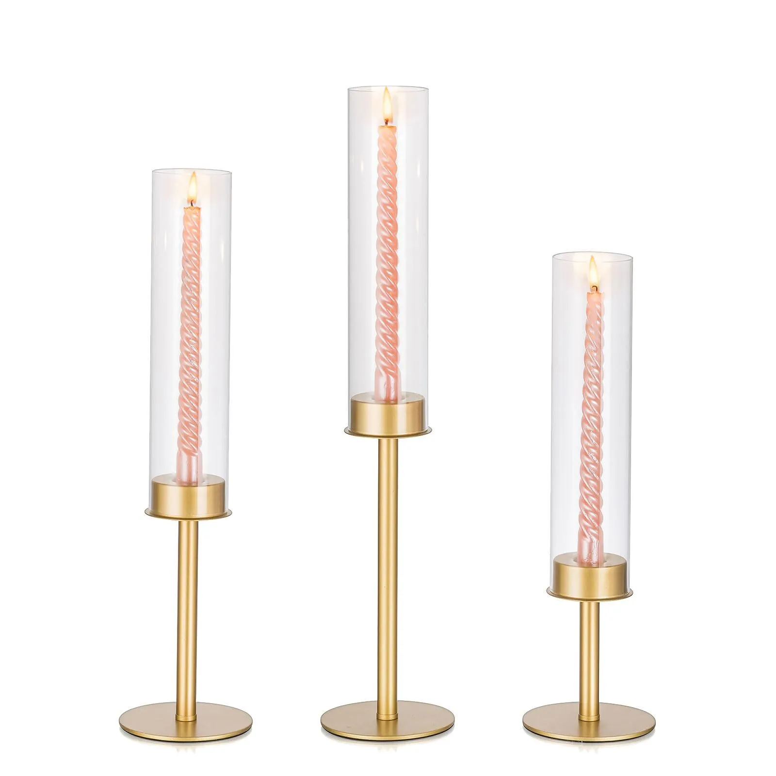 Set of 3 Gold Taper Candleholder with Hurricane