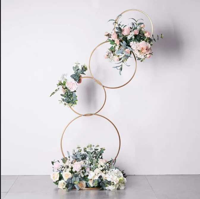 2 Piece Gold Tiered Asymmetrical Circles w/ Faux Florals
