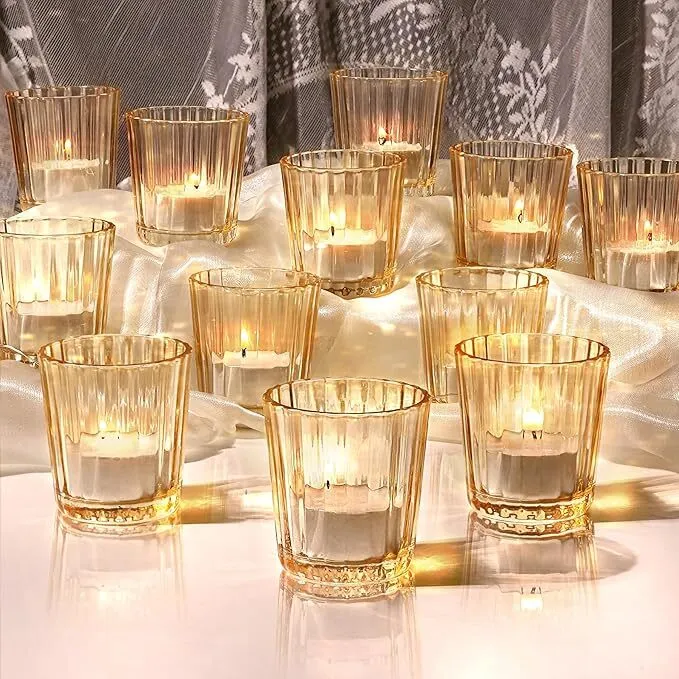 Gold Ribbed Glass Tealight Candleholders