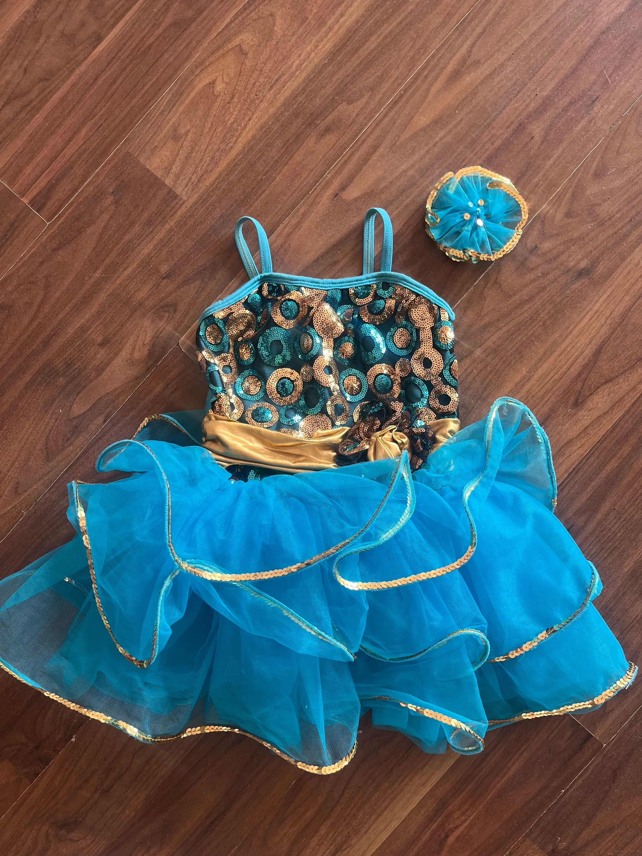 skirted leotard- Blue and gold 