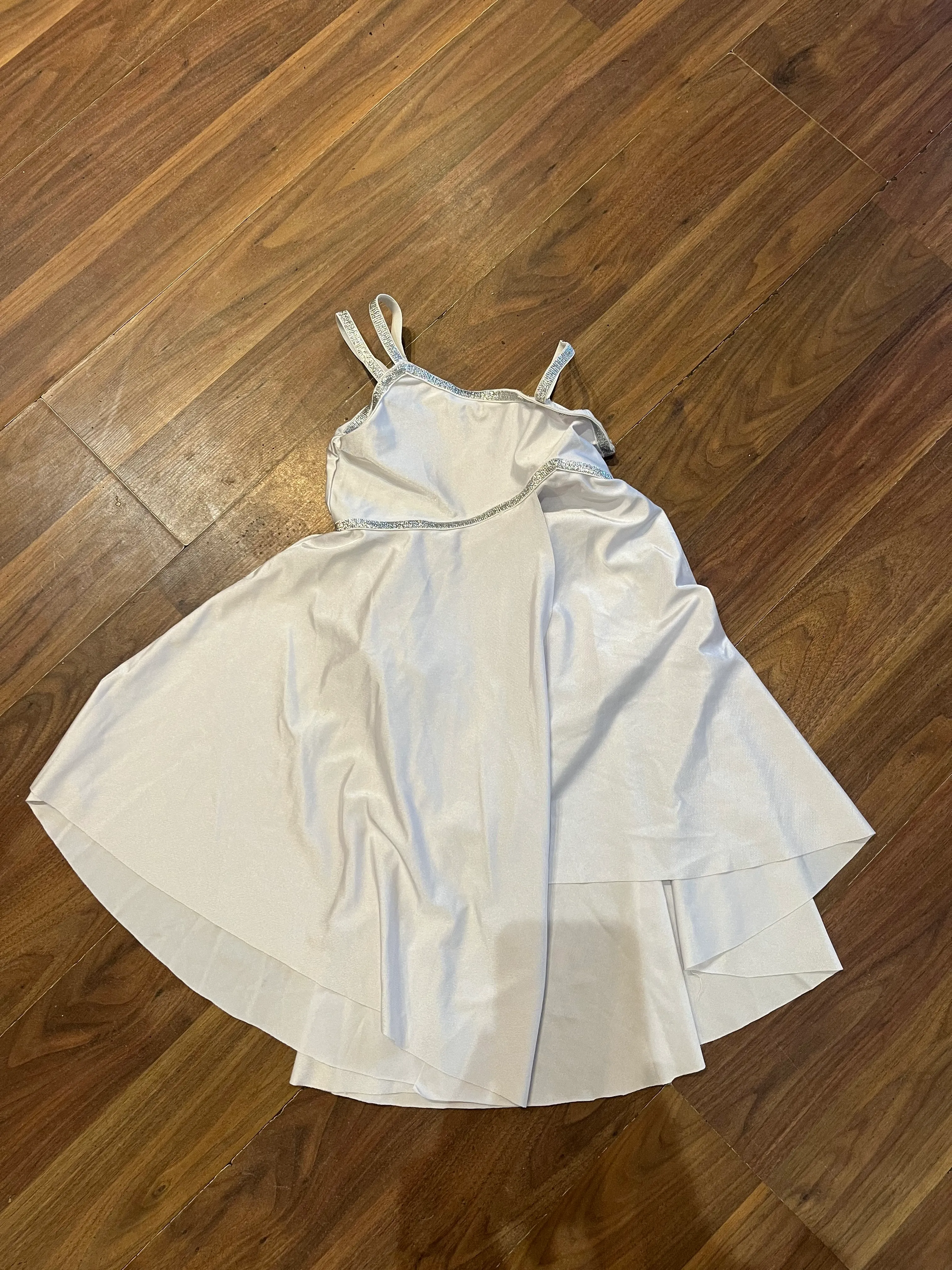 lyrical dress - white asymmetrical with silver trim and straps
