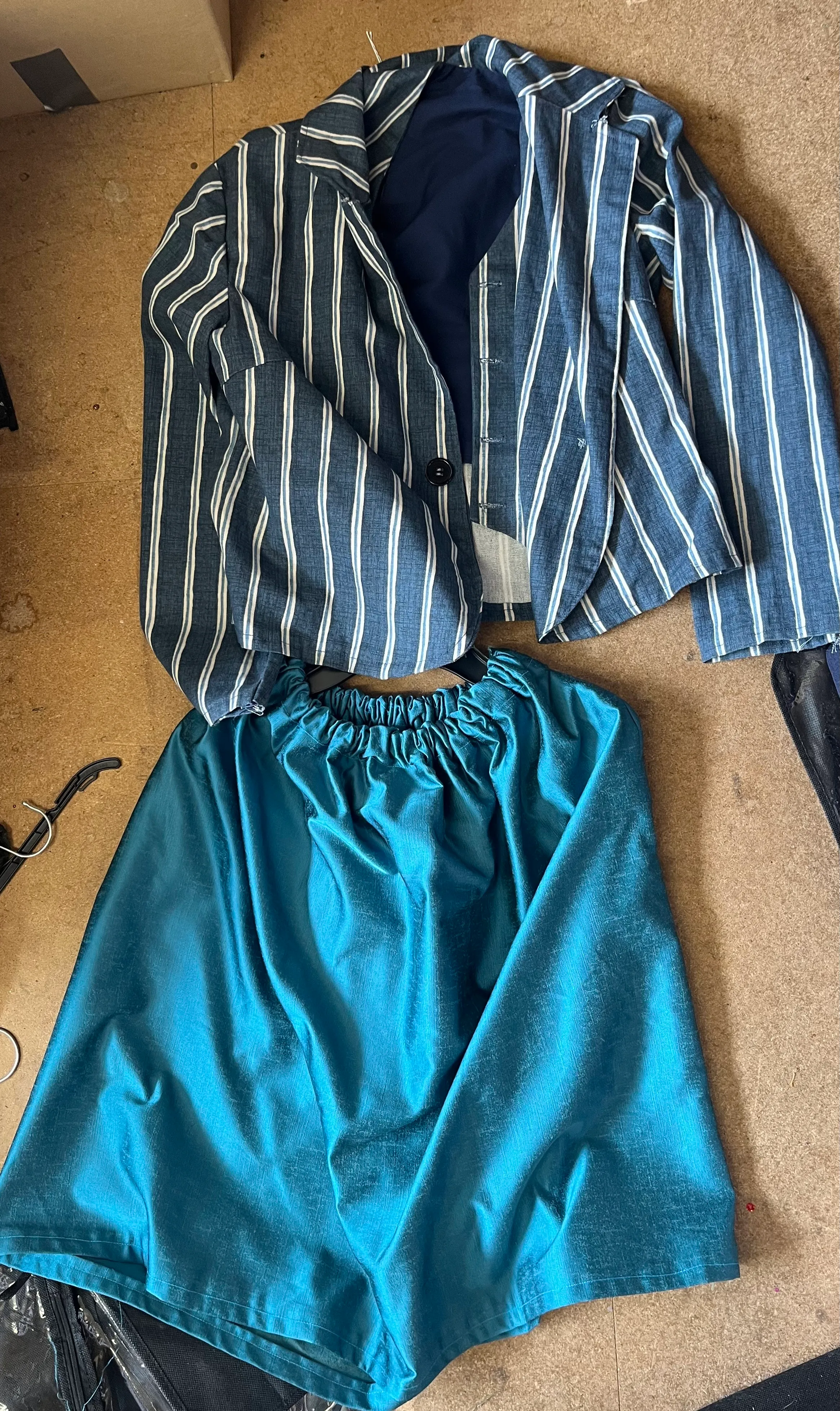 Skirt, jacket, waistcoat- Blue striped