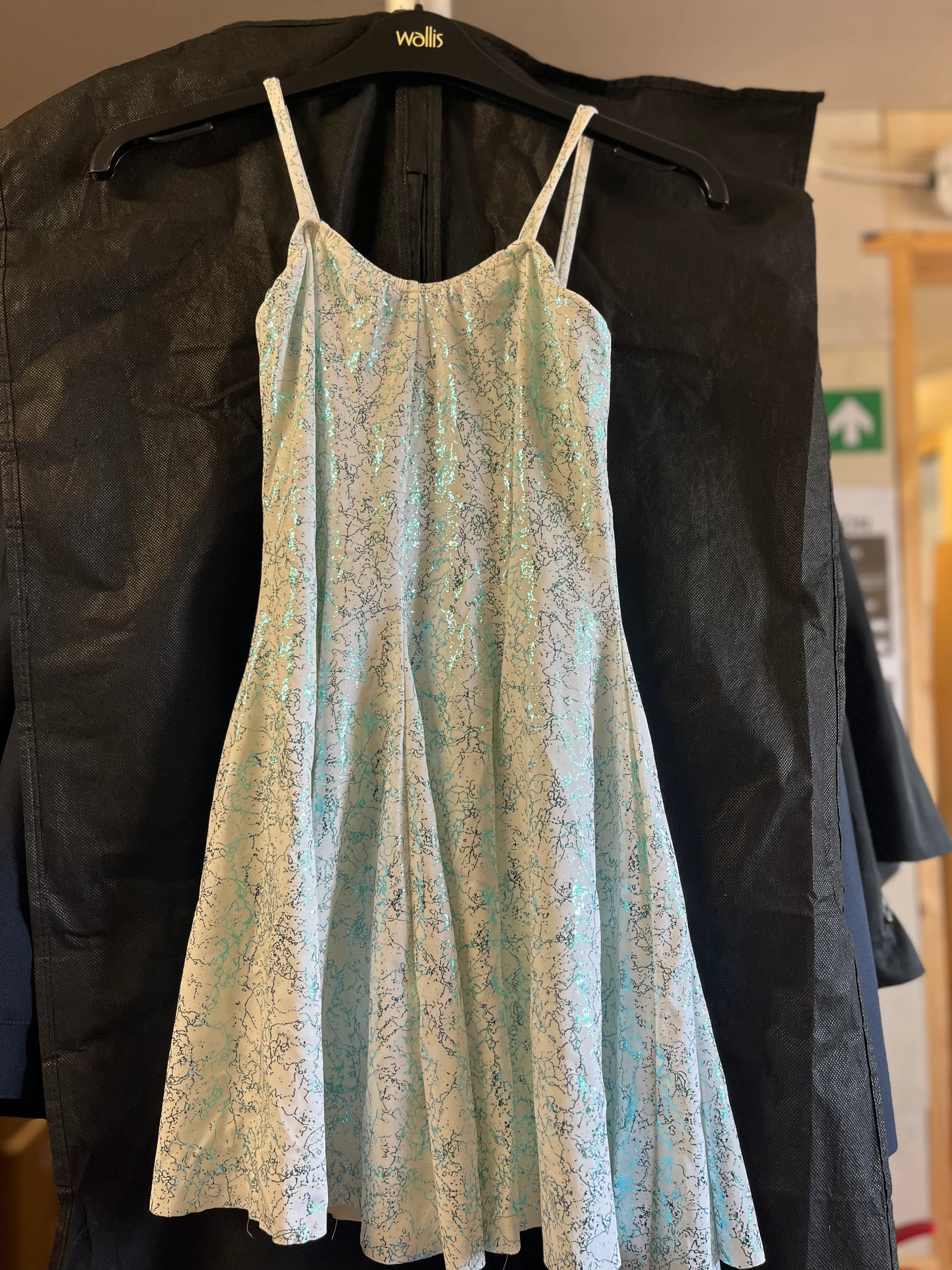 Lyrical dress - white lycra with green foiled  design 