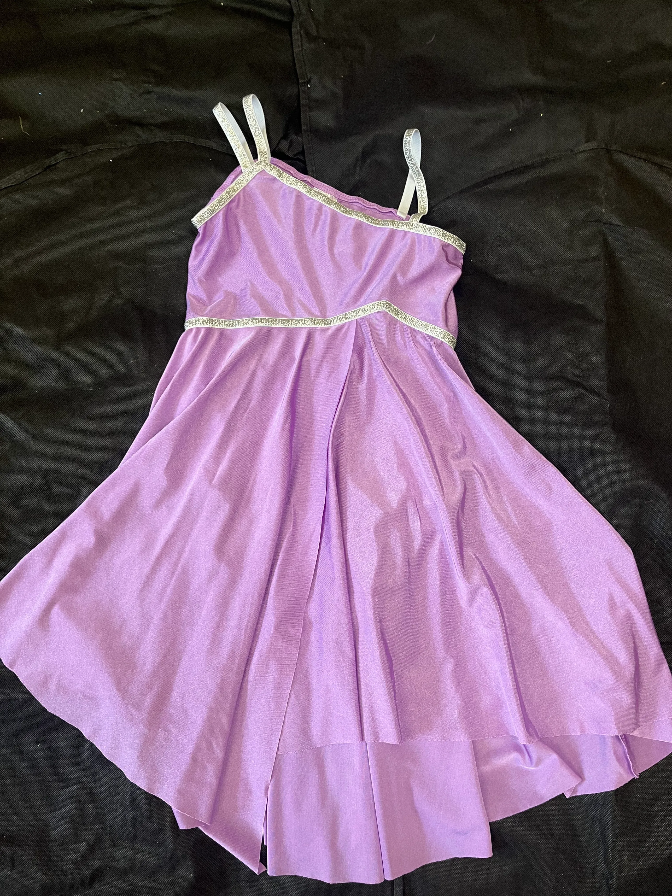 Lyrical dress- purple asymmetric  with silver straps and trim 