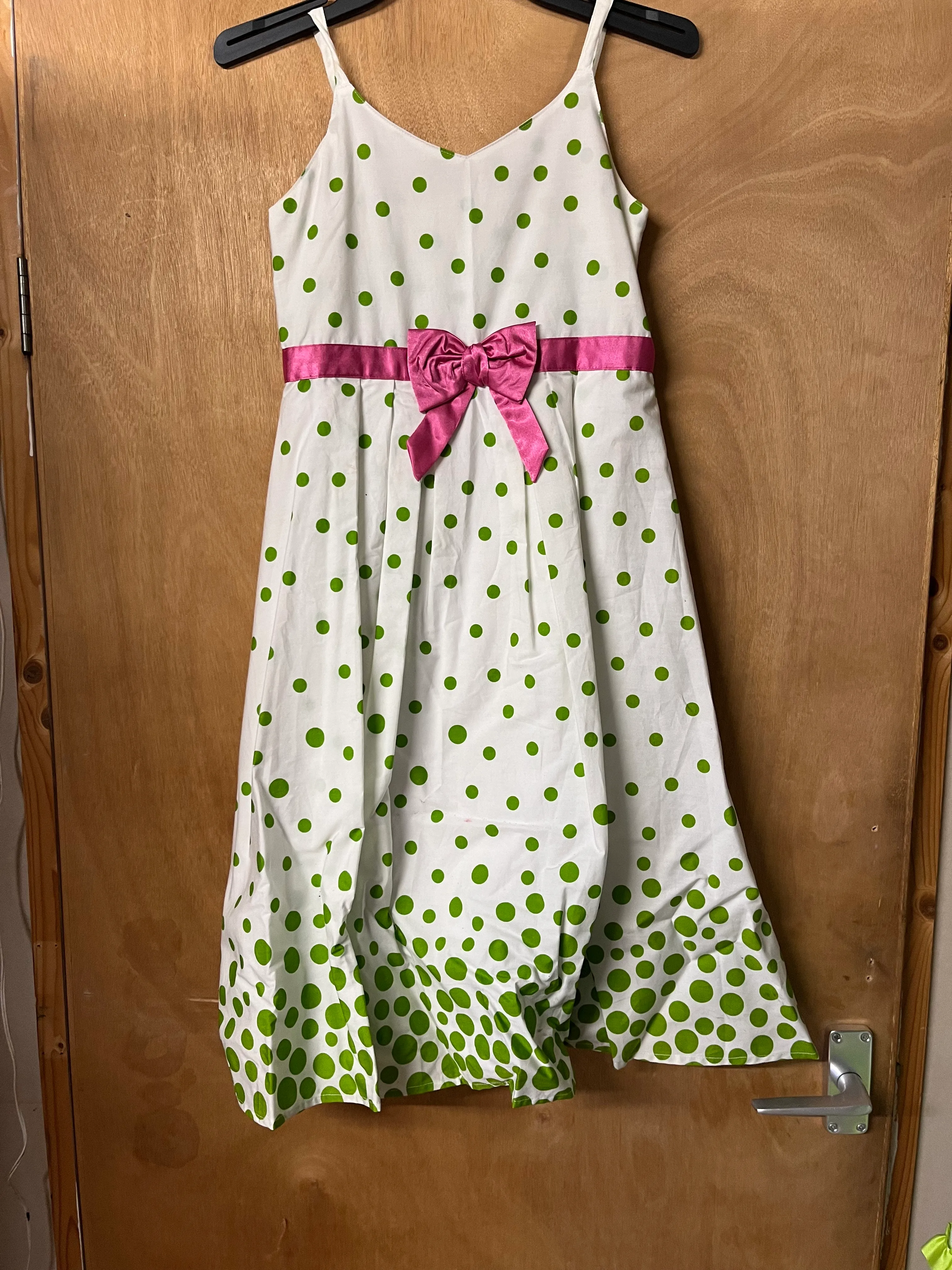 Dress- white and green spot dress with pink bow