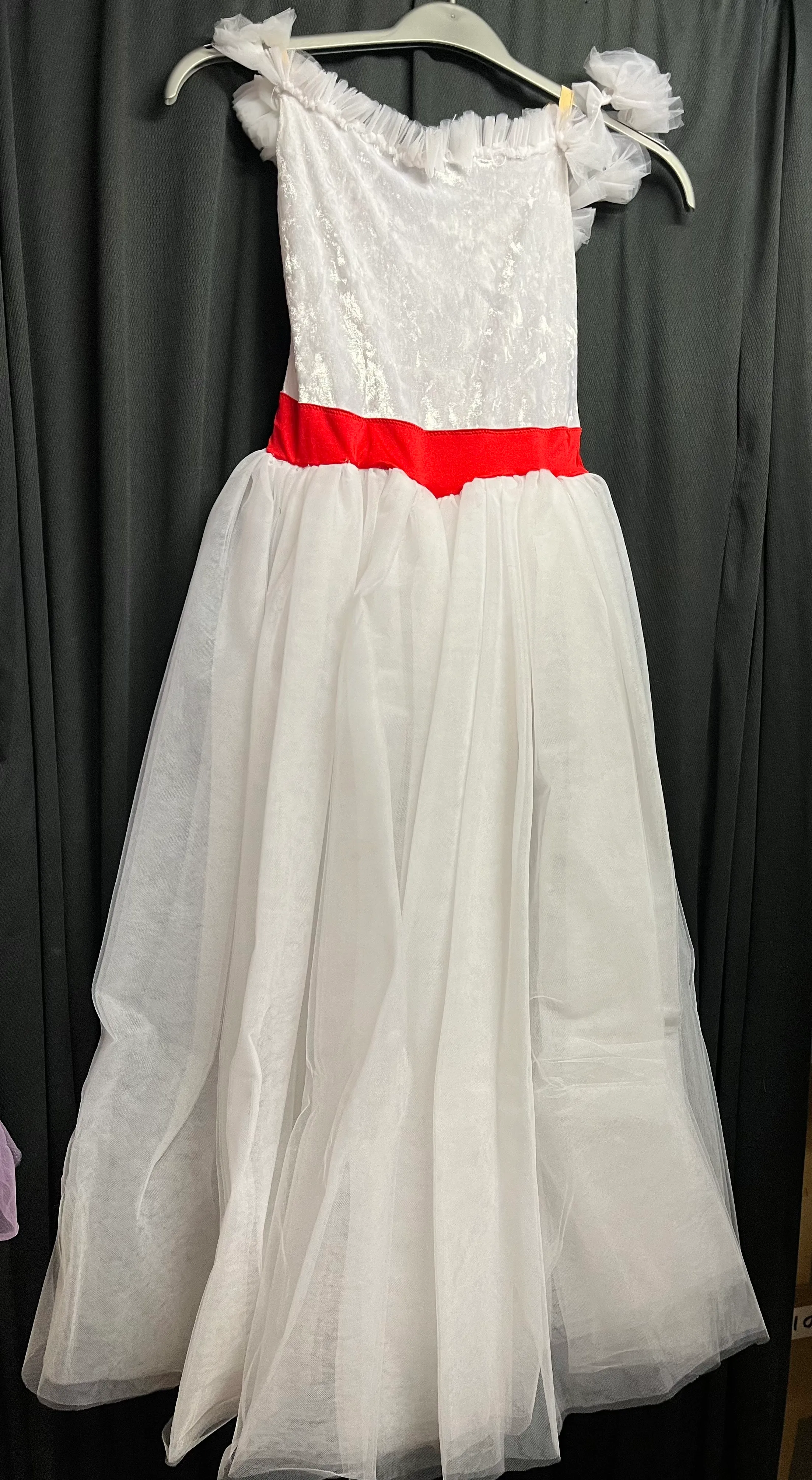 Dress- white net with red ribbon