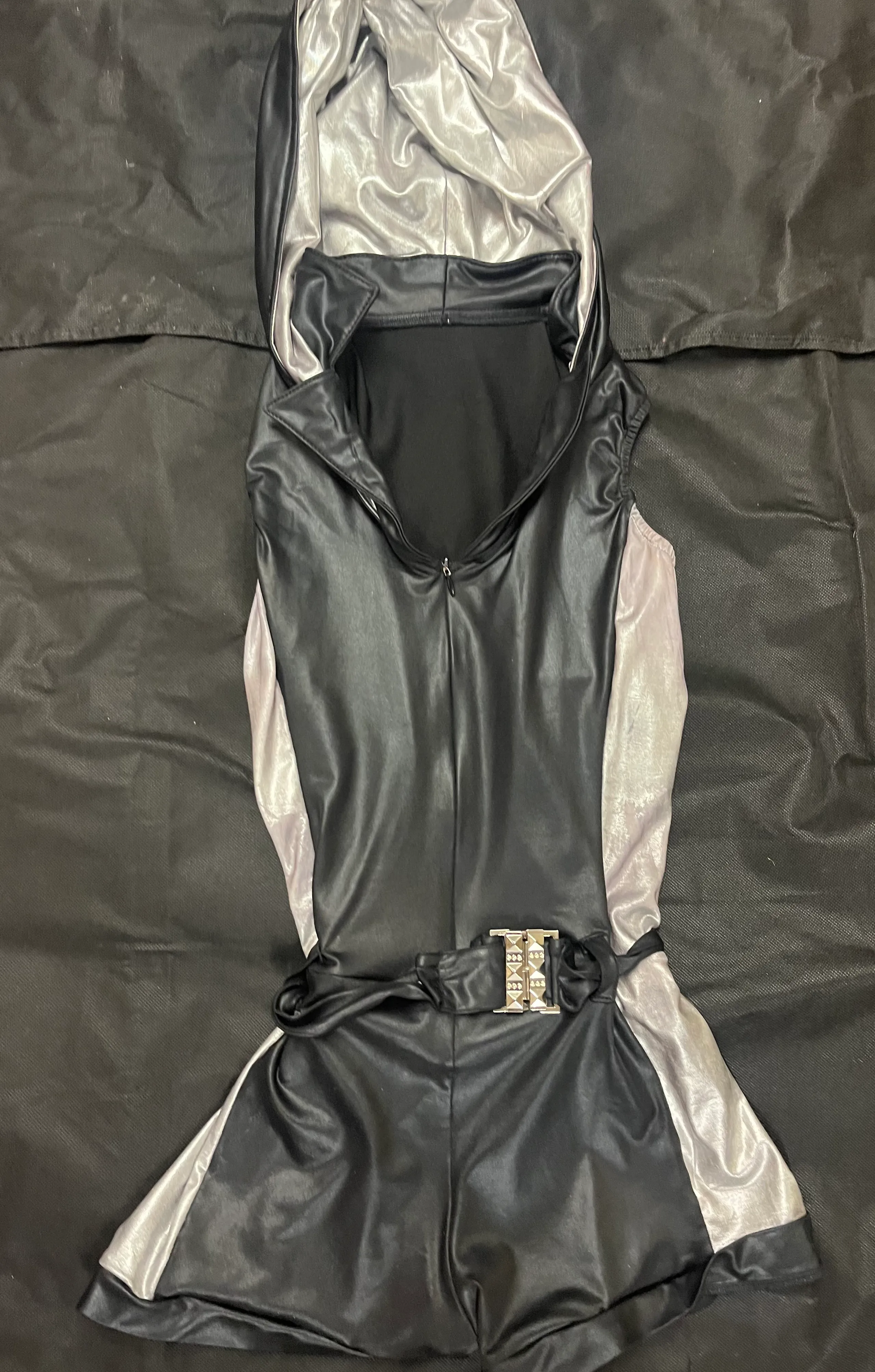 Unitard- Black and silver hooded unitard 