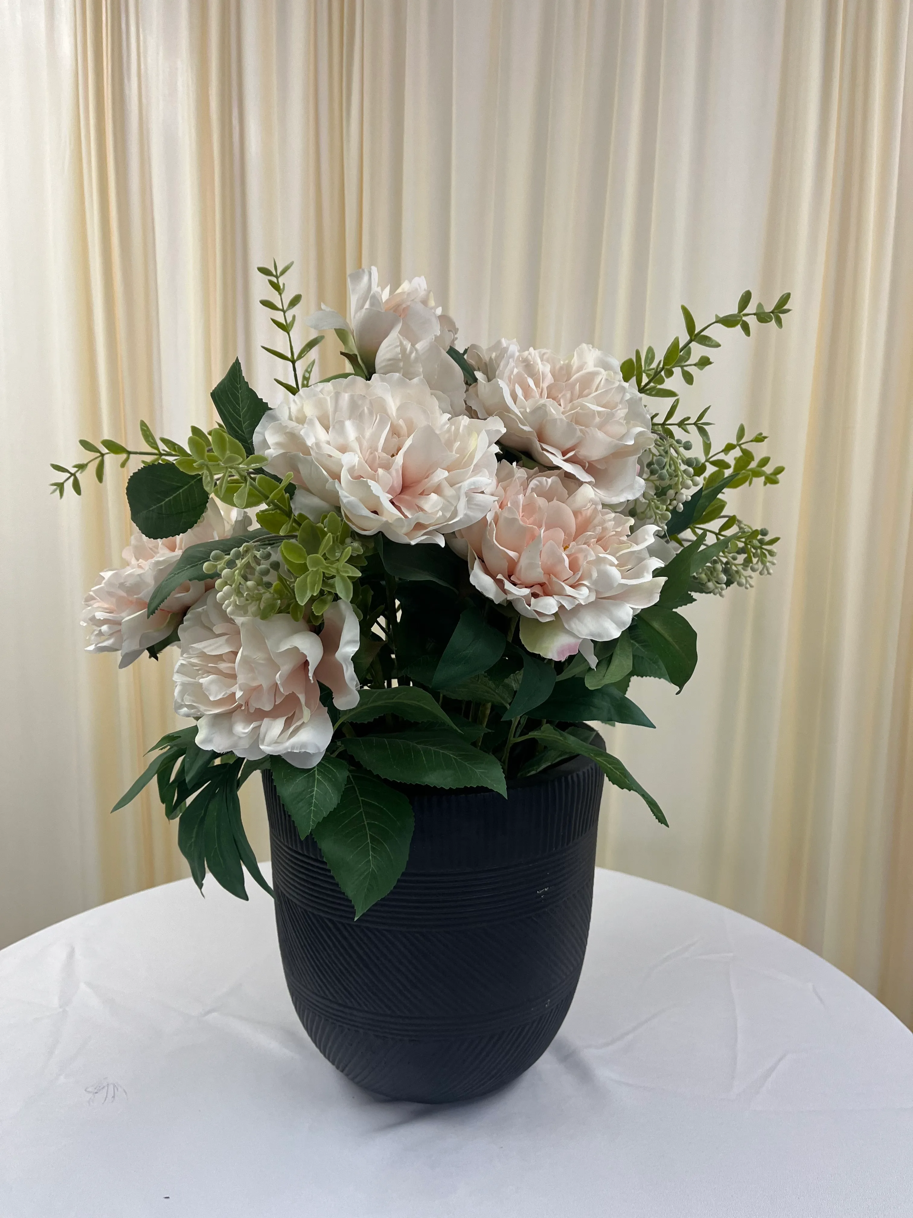 Pink Flowers in Black Vase