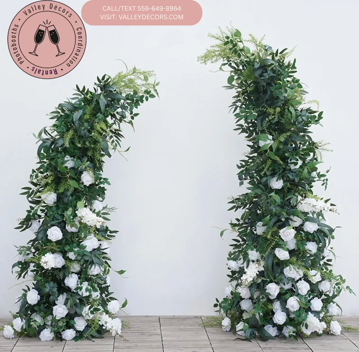 6ft & 7ft Horn Wedding Arch + Artificial White Rose Flowers 