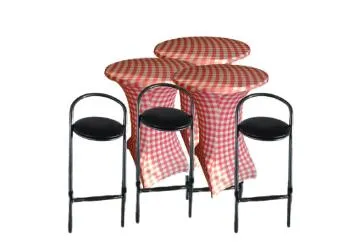 Feestpakket Picknick: partytafels 3 stuks + dambord motief rood stretchhoezen + 15 zwarte krukken 