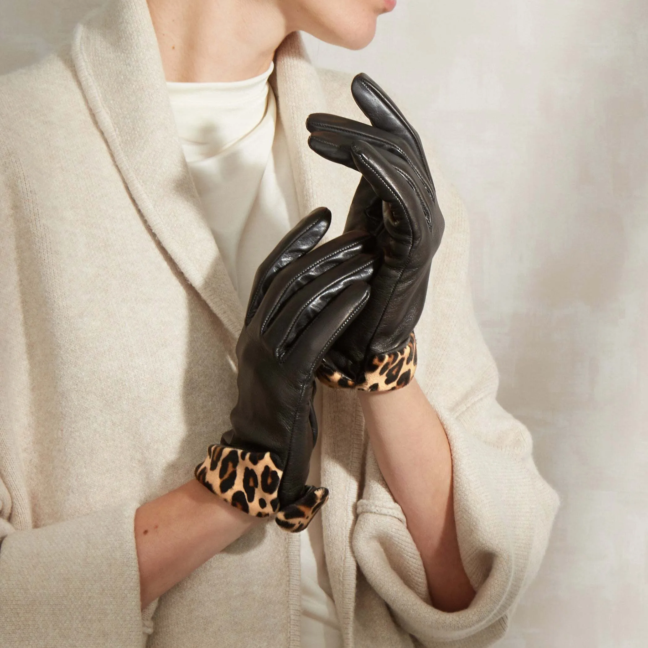 Natalie | Leather Glove with Animal Print Cuff
