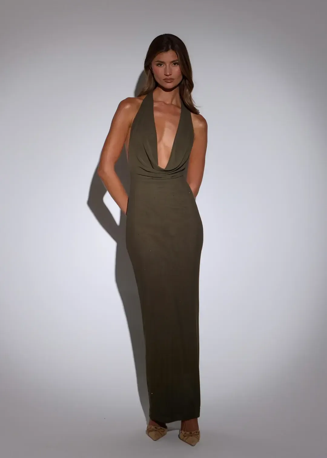 SLA George Diamante Backless Khaki Dress