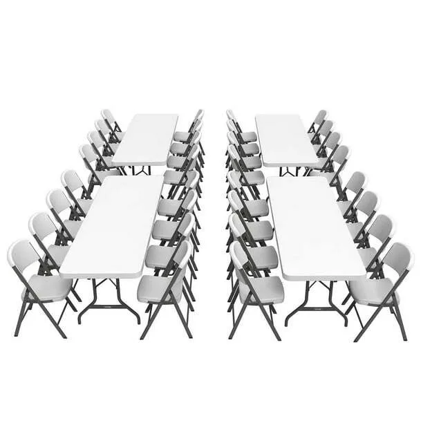 2 white 8ft tables and fan back 16 chairs 