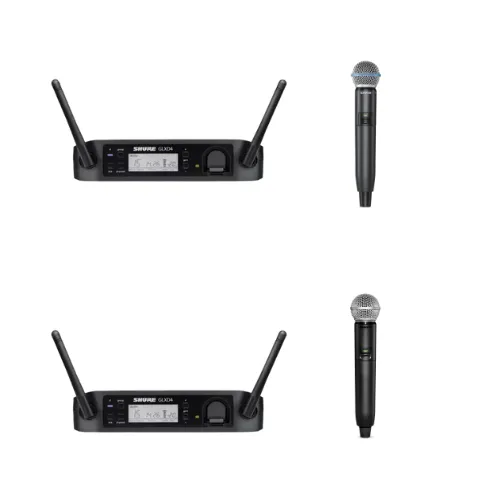 Funkmikrofone (1 x Shure 58A und 1 x SM58) mit Empfängern (Shure GLXD4)