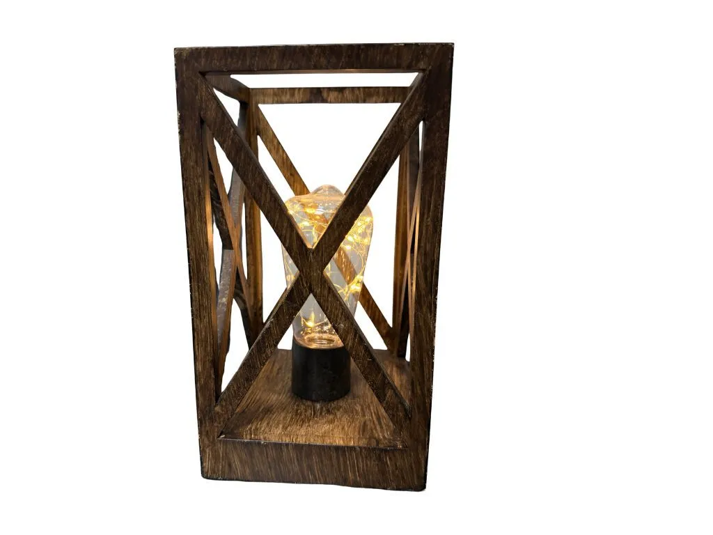 Rustic Wooden Lantern with String Light Bulb