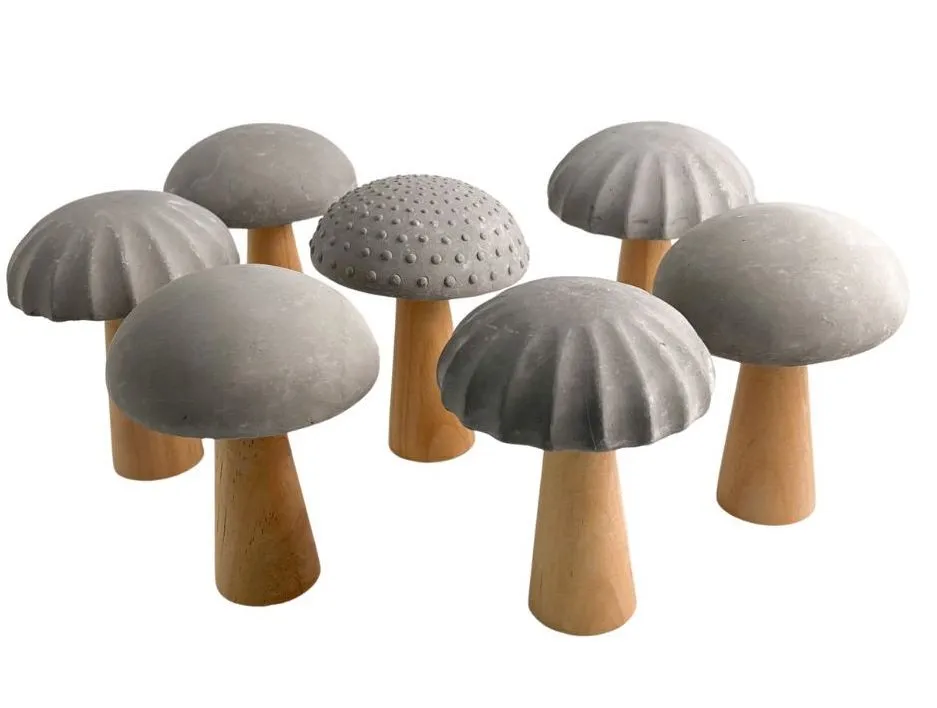Cement/Wood Mushroom/Set of 7