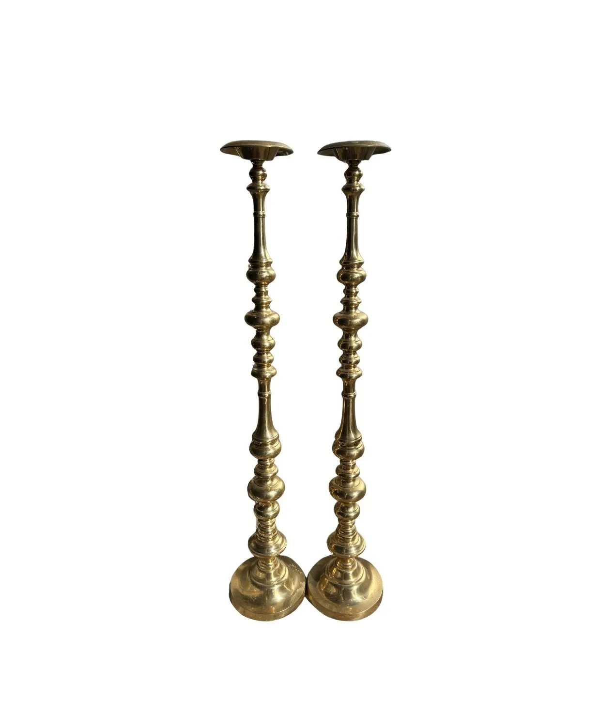 Vintage Brass Pillar Candle Holders, 49-Inch Pair