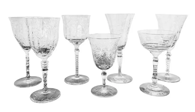 Vintage Clear Etched Wine Glasses, Mixed Styles