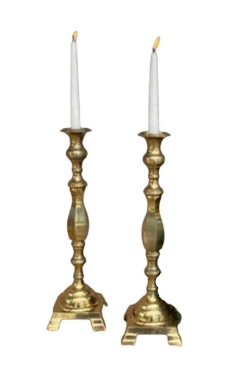 Vintage Tall Brass Candlestick Pair, Footed Base